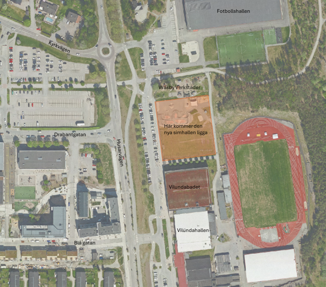 Den nya simhallen planeras att byggas direkt norr om det befintliga Vilundabadet.