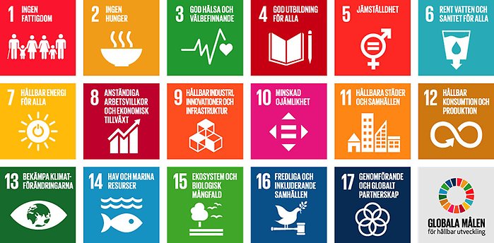 Samtliga 17 mål samt illustrationer till respektive mål i Agenda 2030.