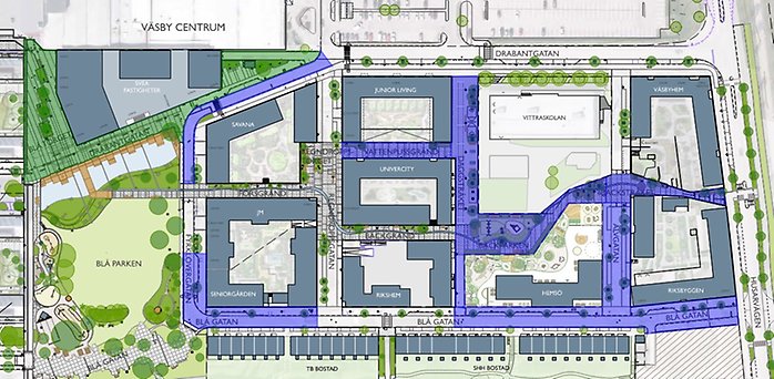 Kartbild över Fyrklövernområdet med områden som arbetas på under 2023 utmärkta.