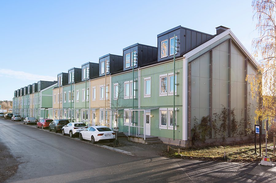 Tretton stadsradhus i varierande grön och gul färg. Husen är uppdelade i två grupper. Utanför husen syns en gata med bilar parkerade längs kantstenen.